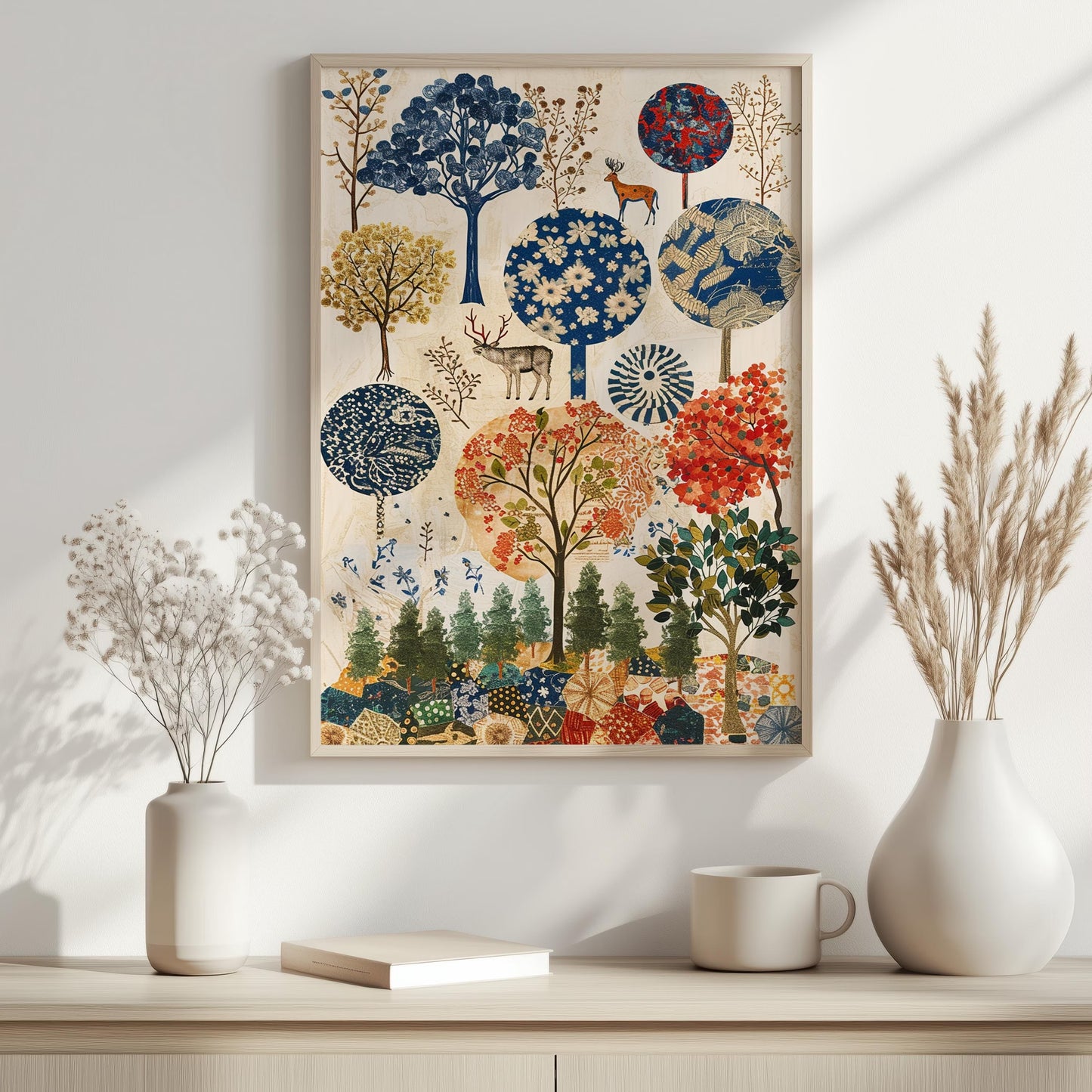 Folk Art Forest Canvas , Whimsical Deer, Patterned Trees Print