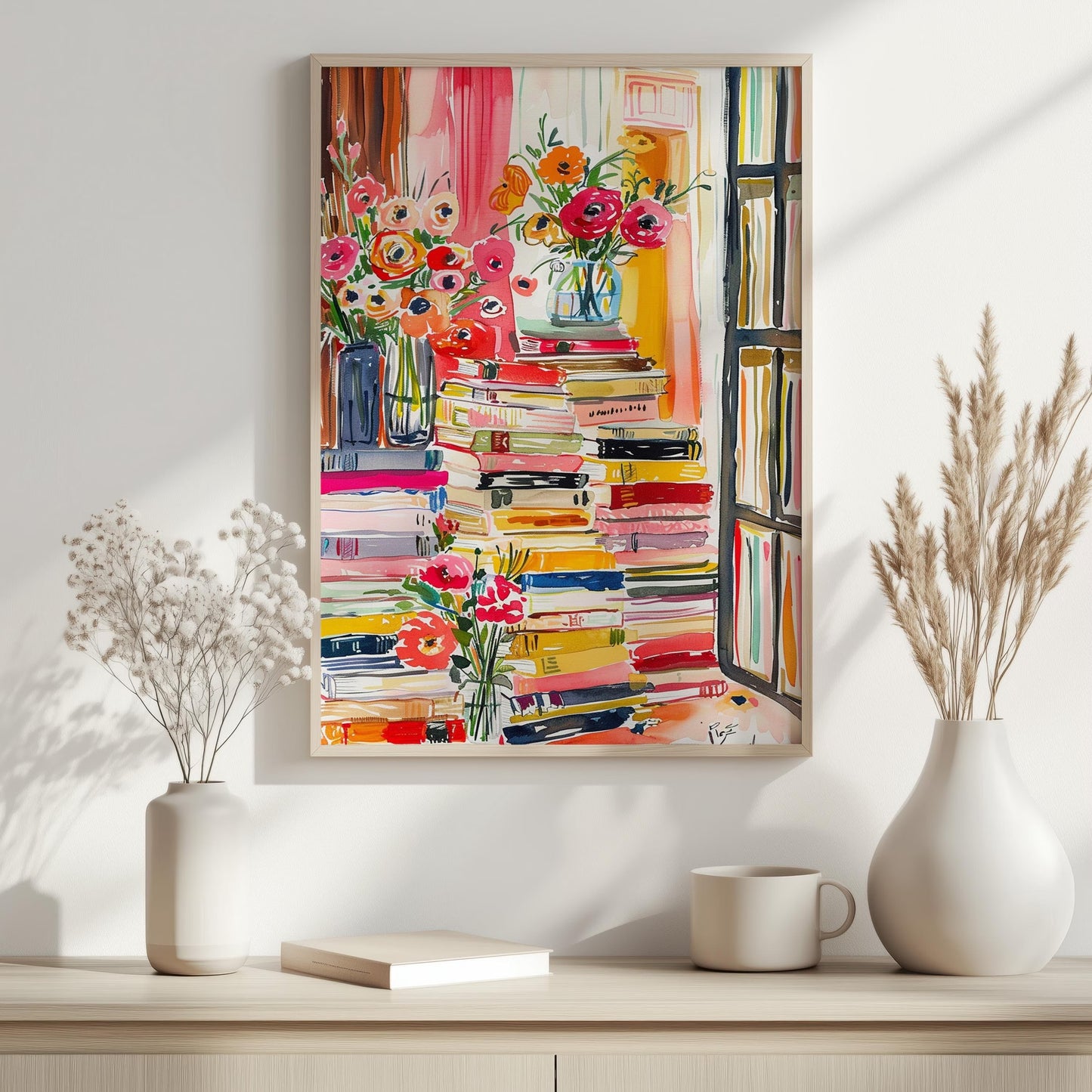 Watercolor Book Stack Canvas , Maximalist Library Wall Art