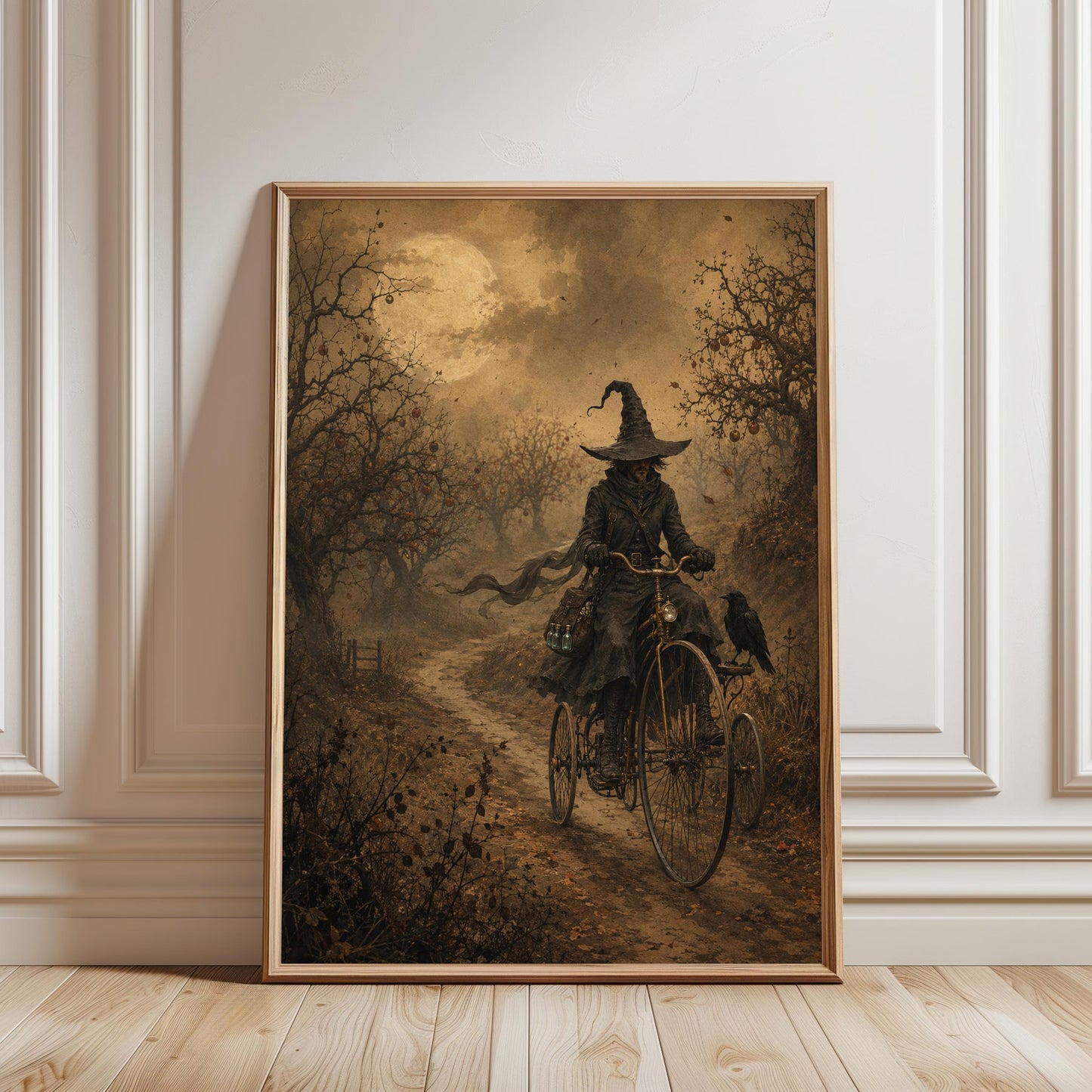 Witch Bicycle Canvas Wall Art , Gothic Moon Print, Autumn Forest