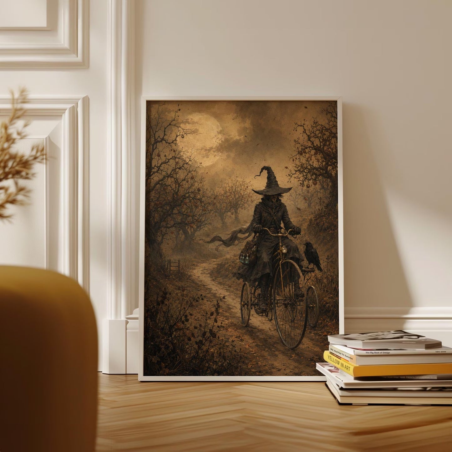 Witch Bicycle Canvas Wall Art , Gothic Moon Print, Autumn Forest