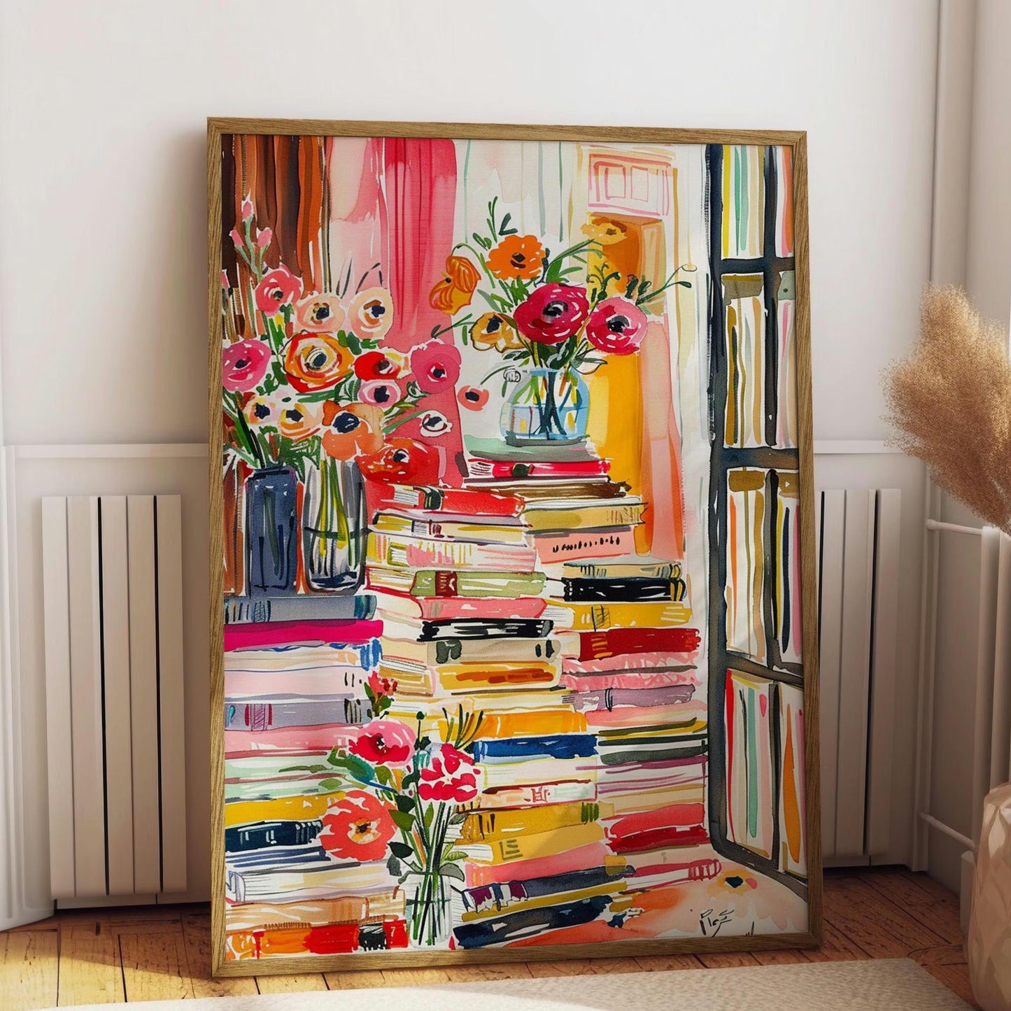 Watercolor Book Stack Canvas , Maximalist Library Wall Art
