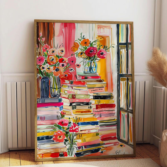 Watercolor Book Stack Canvas , Maximalist Library Wall Art