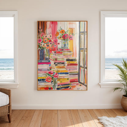 Watercolor Book Stack Canvas , Maximalist Library Wall Art