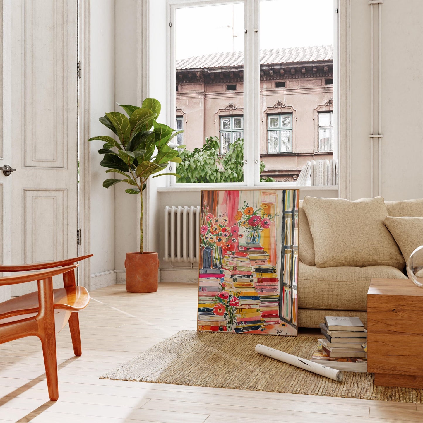 Watercolor Book Stack Canvas , Maximalist Library Wall Art