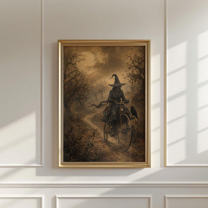 Witch Bicycle Canvas Wall Art , Gothic Moon Print, Autumn Forest
