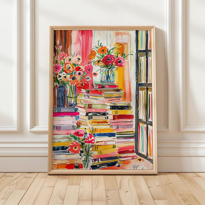 Watercolor Book Stack Canvas , Maximalist Library Wall Art