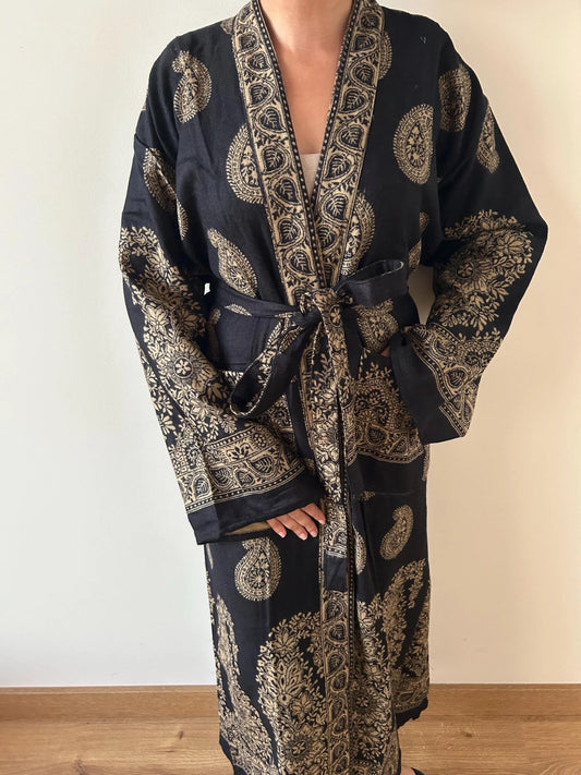 Yak Wool Paisley Robe Long Winter Dressing Gown Loungewear Kimono