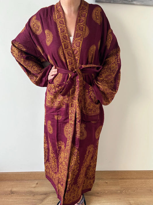 Yak Wool Paisley Robe Unisex Kimono Dressing Gown Winter Loungewear