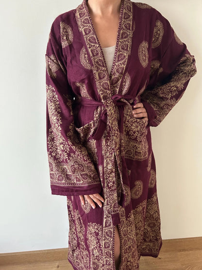 Yak Wool Paisley Robe Long Winter Dressing Gown Loungewear Kimono