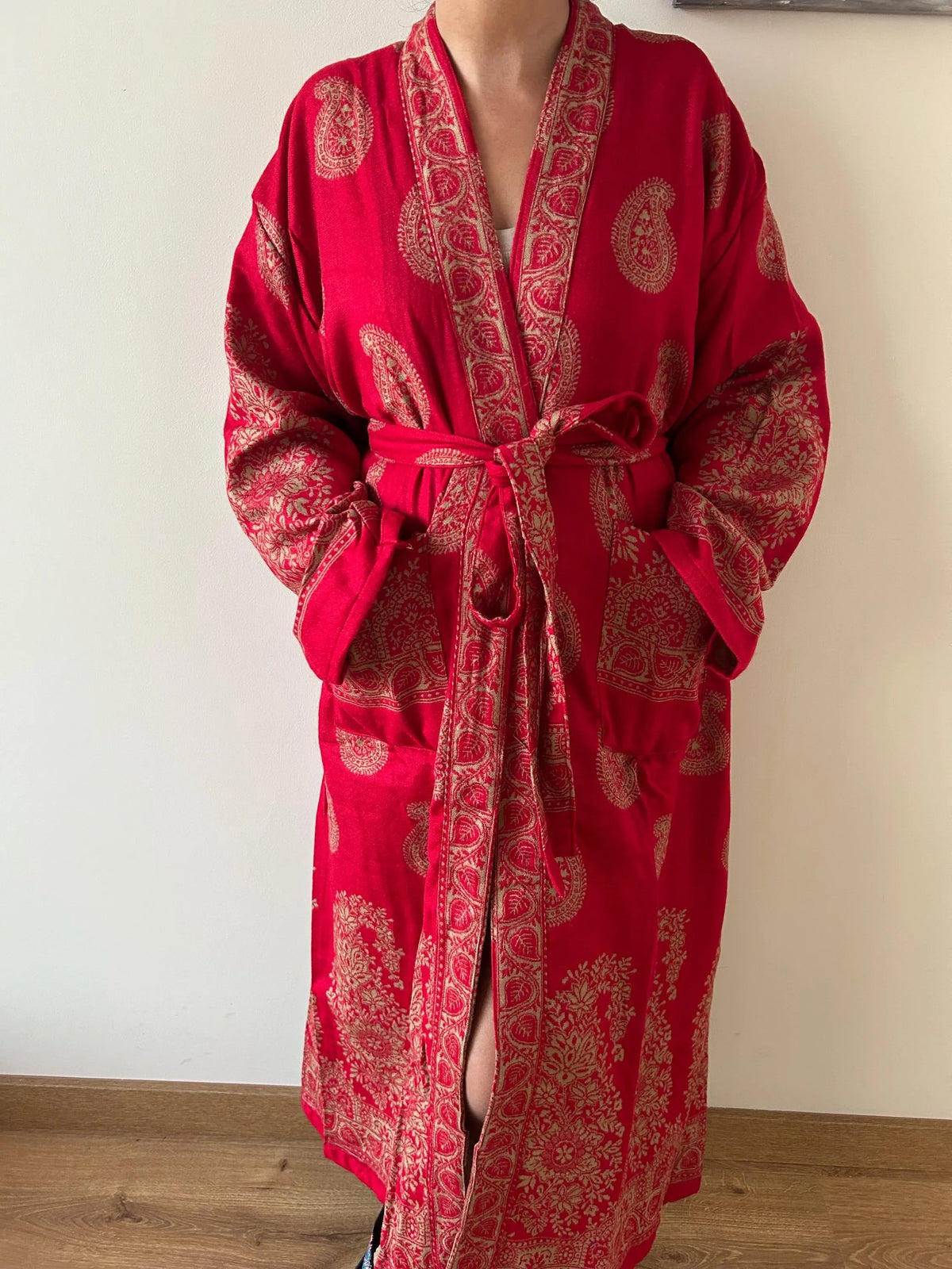 Yak Wool Paisley Robe Long Winter Dressing Gown Loungewear Kimono