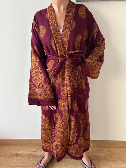 Yak Wool Paisley Robe Unisex Kimono Dressing Gown Winter Loungewear