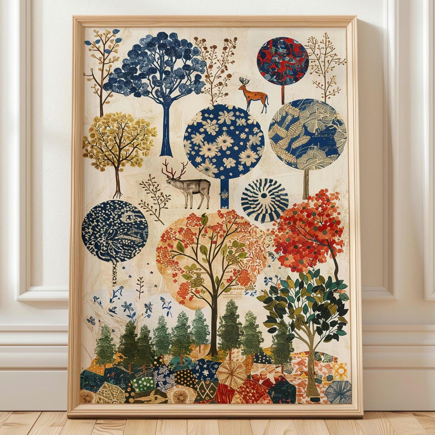 Folk Art Forest Canvas , Whimsical Deer,  Patterned Trees Print