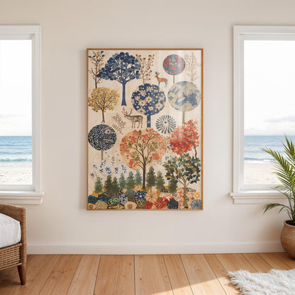 Folk Art Forest Canvas , Whimsical Deer,  Patterned Trees Print