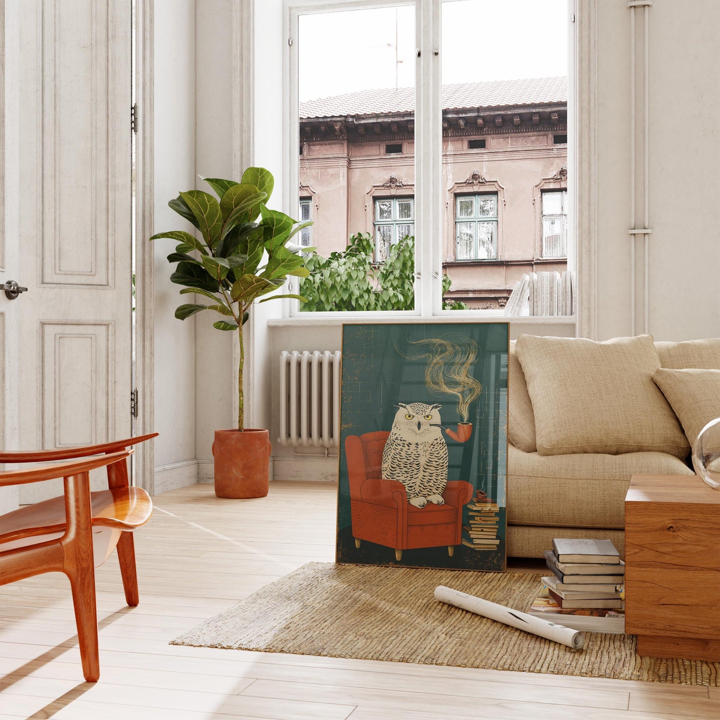 Funny Owl Canvas Wall Art , Vintage Reading Nook