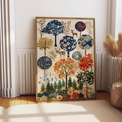 Folk Art Forest Canvas , Whimsical Deer,  Patterned Trees Print