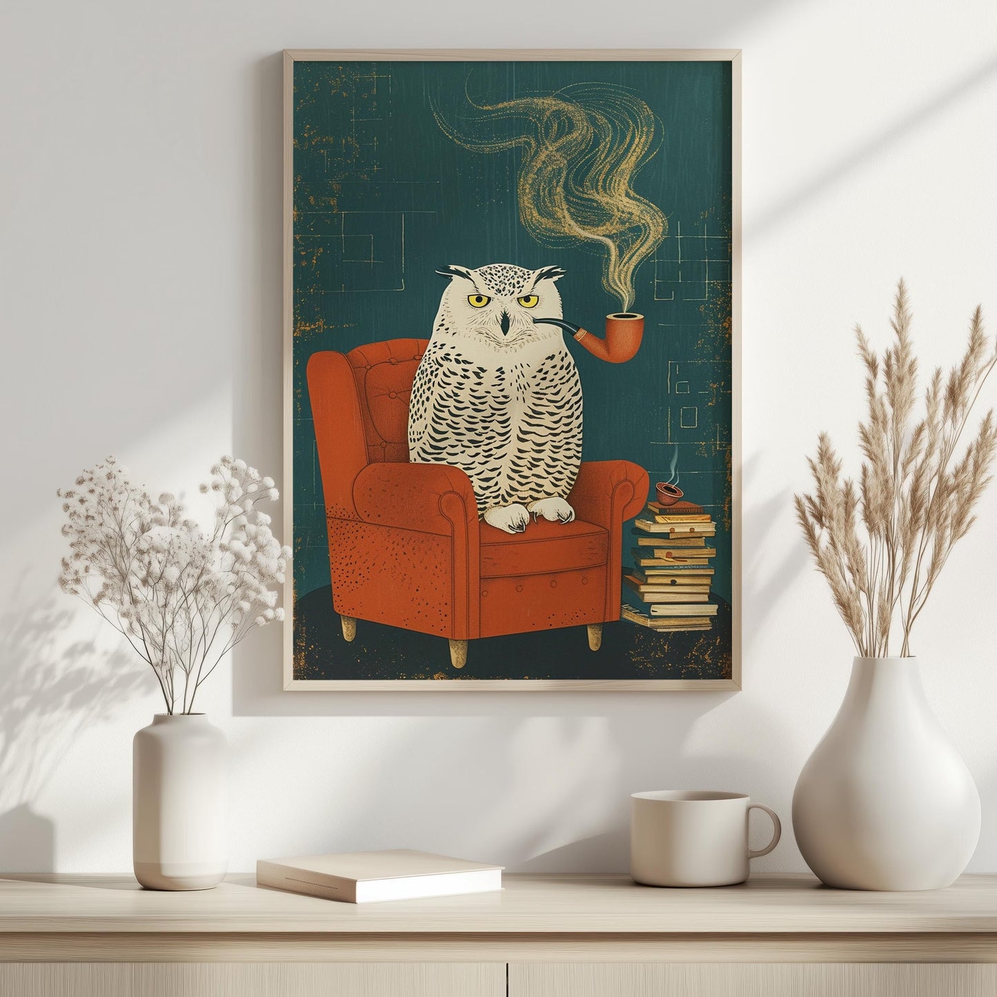 Funny Owl Canvas Wall Art , Vintage Reading Nook